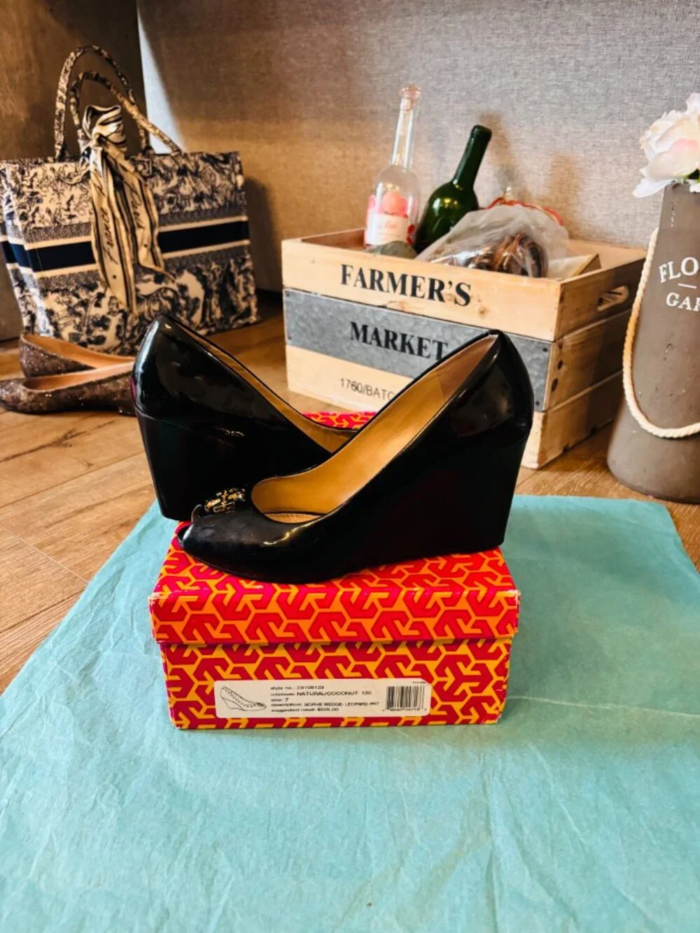 Tory Buch Patent Leather Peep Toe Jade Wedge